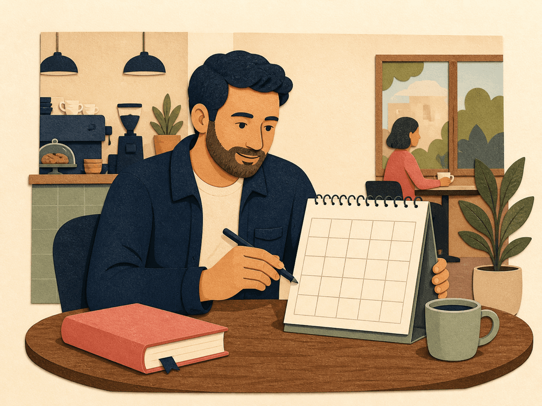A reader choosing a date at a public café