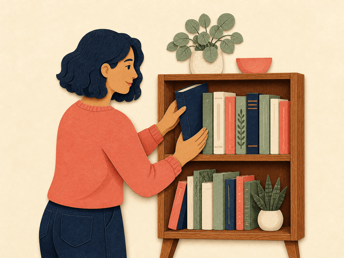 A reader arranging books on a wooden shelf